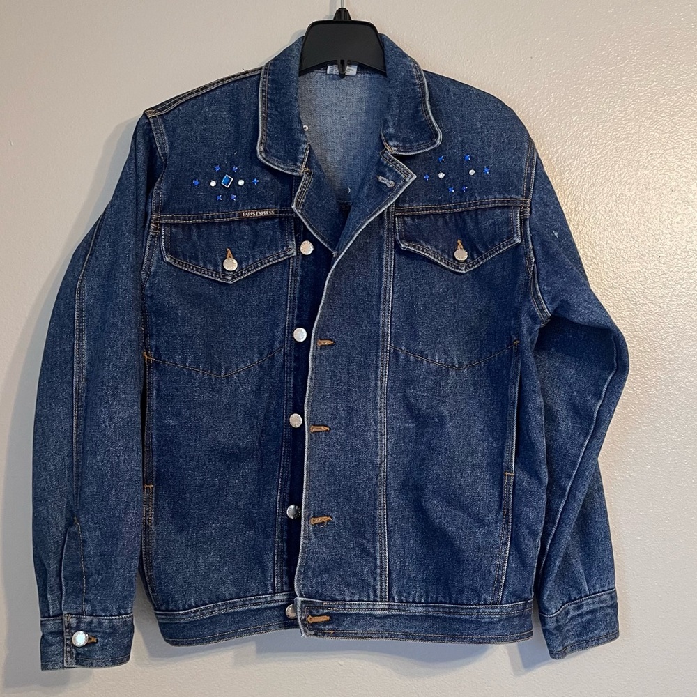 Vintage Paris Express Women’s Oversized Denim Trucker Jean‎ Jacket Studs M Blue